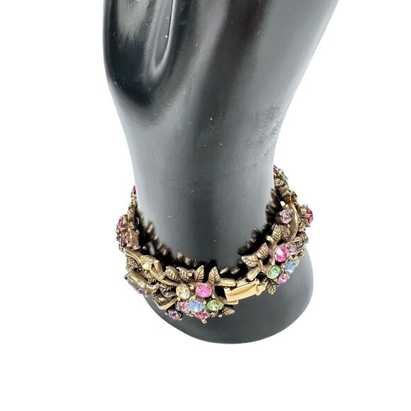 Vintage Set Signed CORO Bracelet 7" & Earrings Antique Gold Tone Rhinestones - Picture 7 of 16